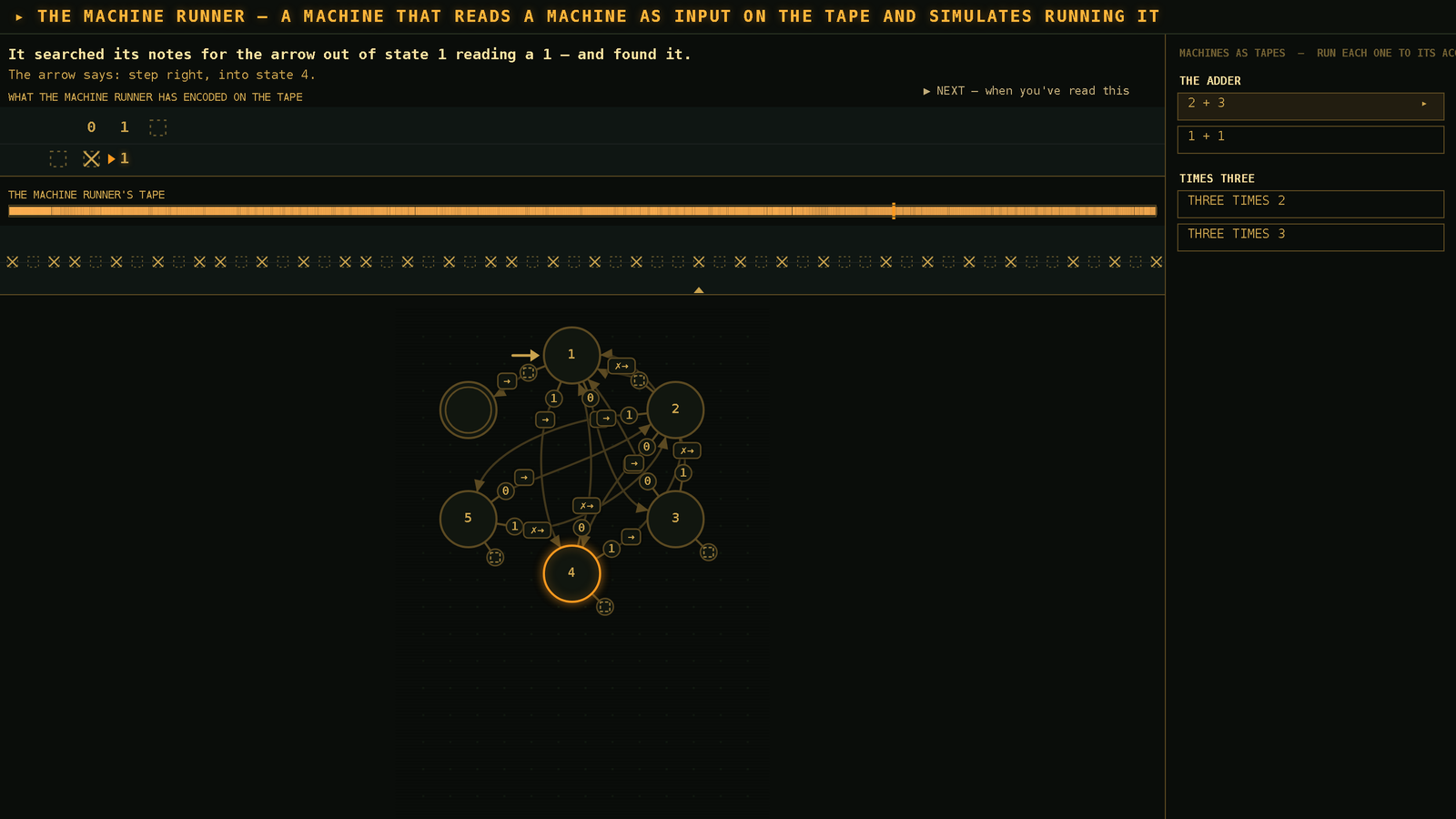 The Machine Runner: a machine reading another machine written on its tape